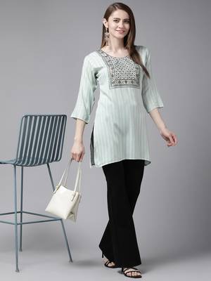 Sea-green embroidered cotton short-kurtis 5