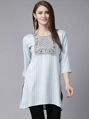 Sky-blue embroidered cotton short-kurtis 1