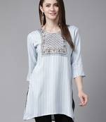 Sky-blue embroidered cotton short-kurtis