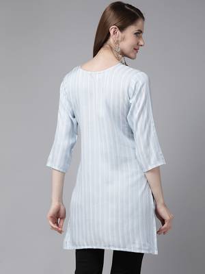 Sky-blue embroidered cotton short-kurtis 4