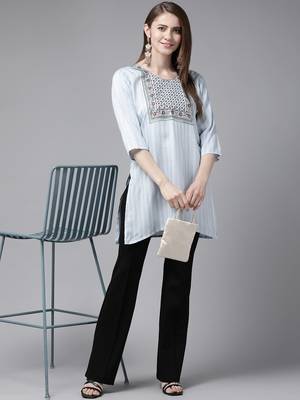 Sky-blue embroidered cotton short-kurtis 5
