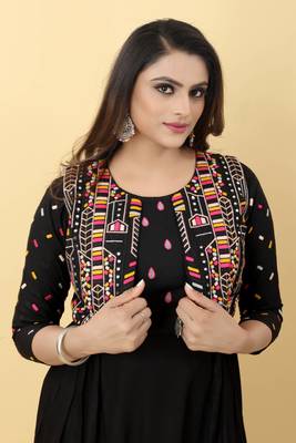 Black Rayon Embroidered Thread Work Straight Kurti 4