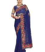 Blue embroidered net saree with blouse