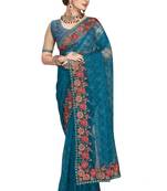 Blue embroidered net saree with blouse