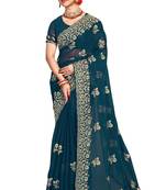 Teal  embroidered silk saree with blouse