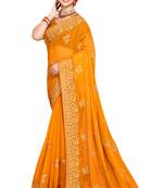 Mustard embroidered silk saree with blouse