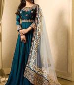 Turquoise Faux Georgette Golden Embroidered Anarkali Suit - Semi Stitched