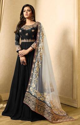 Faux Georgette Thread Embroidered Black Anarkali Salwar Suit 1