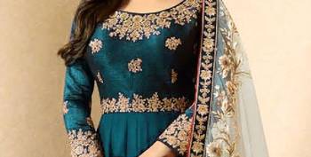 Turquoise Faux Georgette Golden Embroidered Anarkali Suit - Semi Stitched 4