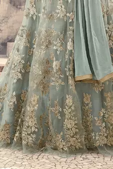 Ice Blue Net Golden Thread Embroidered Anarkali