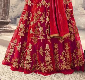 Red Embroidered Net Semi Stitched Anarkali Salwar With Dupatta 2