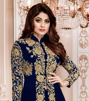 Blue Embroidered Jacket Style Faux Georgette Salwar Suit 2