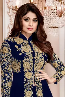 Blue Embroidered Jacket Style Faux Georgette Salwar Suit