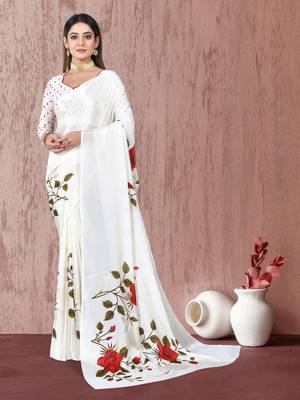 White printed chiffon saree with blouse 1