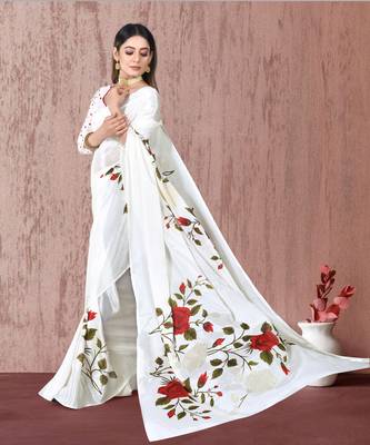 White printed chiffon saree with blouse 2