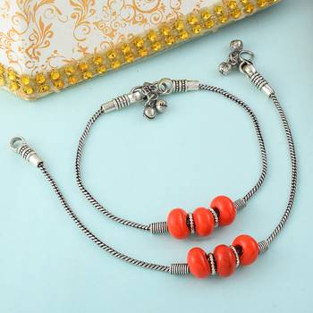 Silver Plated Anklet With Red Beads 1