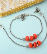 Silver Plated Anklet With Red Beads