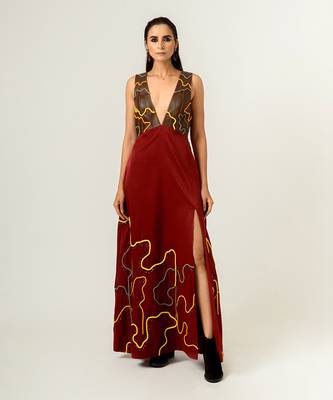 Low Neckline Leather Embroidered Gown 1