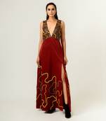 Low Neckline Leather Embroidered Gown