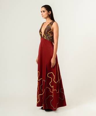 Low Neckline Leather Embroidered Gown 2
