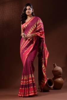 Fuchsia Cotton Handspun Handwoven Saree With Temple Borders