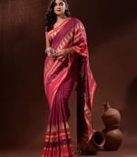 Fuchsia Cotton Handspun Handwoven Saree With Temple Borders