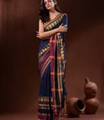 Navy Blue Cotton Handspun Handwoven Saree With Temple Borders