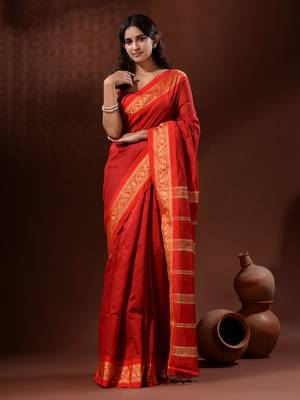 Red Cotton Silk Handwoven Saree With Nakshi Borders 1