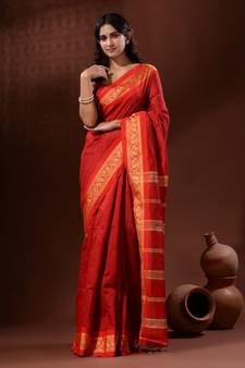 Red Cotton Silk Handwoven Saree With Nakshi Borders