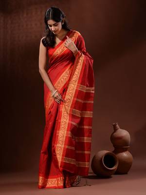 Red Cotton Silk Handwoven Saree With Nakshi Borders 2