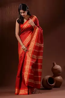 Red Cotton Silk Handwoven Saree With Nakshi Borders