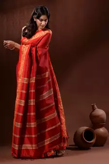 Red Cotton Silk Handwoven Saree With Nakshi Borders