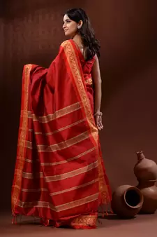 Red Cotton Silk Handwoven Saree With Nakshi Borders