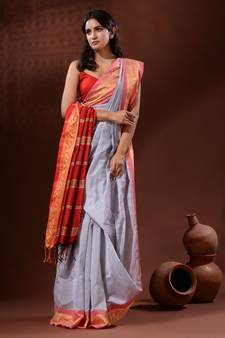 Steel Grey Cotton Silk Handwoven Saree With Nakshi Borders