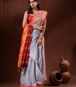 Steel Grey Cotton Silk Handwoven Saree With Nakshi Borders