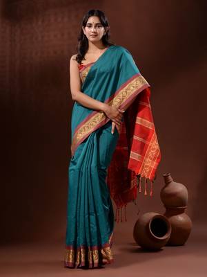 Teal Cotton Silk Handwoven Saree With Nakshi Borders 1