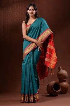 Teal Cotton Silk Handwoven Saree With Nakshi Borders