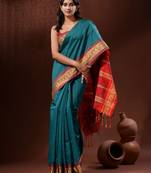 Teal Cotton Silk Handwoven Saree With Nakshi Borders