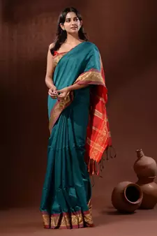 Teal Cotton Silk Handwoven Saree With Nakshi Borders