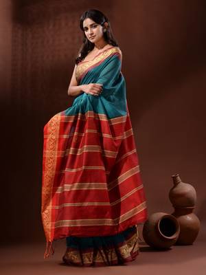 Teal Cotton Silk Handwoven Saree With Nakshi Borders 3