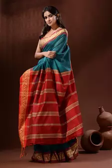 Teal Cotton Silk Handwoven Saree With Nakshi Borders