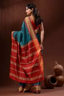 Teal Cotton Silk Handwoven Saree With Nakshi Borders