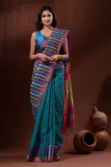 Teal Cotton Silk Handwoven Saree With Check Designs