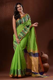 Parrot Green Cotton Silk Handwoven Saree With Check Designs