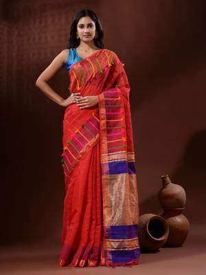 Red Cotton Silk Handwoven Saree With Check Designs 1