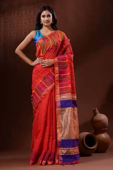 Red Cotton Silk Handwoven Saree With Check Designs