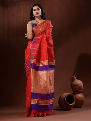 Red Cotton Silk Handwoven Saree With Check Designs 2