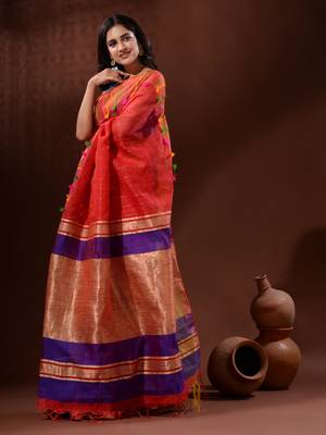 Red Cotton Silk Handwoven Saree With Check Designs 3