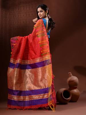Red Cotton Silk Handwoven Saree With Check Designs 4