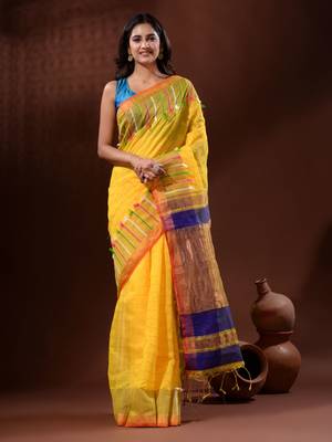Yellow Cotton Silk Handwoven Saree With Check Designs 1